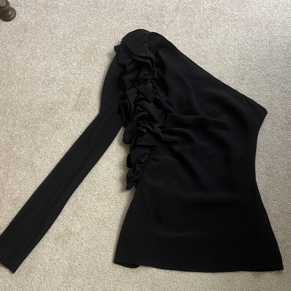 Silk Designer Elegant Black One-Shoulder Top with Ruffle Detail.  Like new